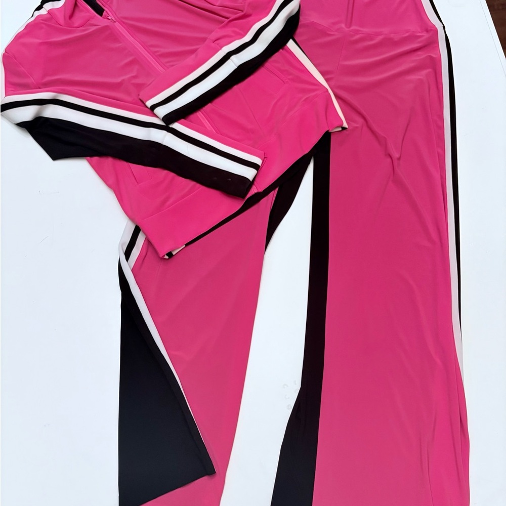 Norma Kamali Pink Track Pants with Black & White Stripe